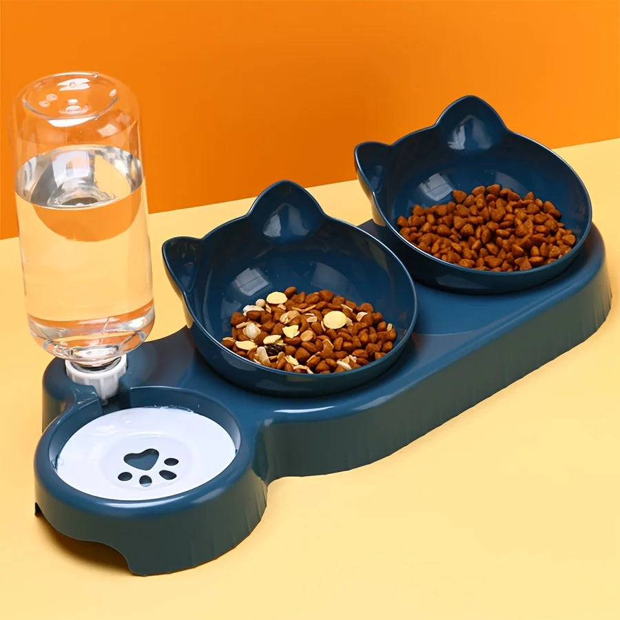 3-in-1 Tilted Pet Feeder & Gravity Water Dispenser – Food + Water Bowl Set with Neck Protection Design