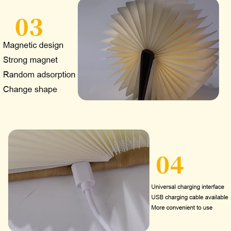 Foldable Wooden Book Lamp – USB Rechargeable LED Night Light with Warm Glow