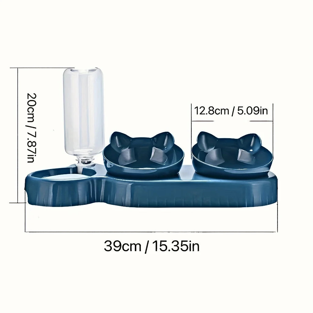 3-in-1 Tilted Pet Feeder & Gravity Water Dispenser – Food + Water Bowl Set with Neck Protection Design