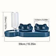 3-in-1 Tilted Pet Feeder & Gravity Water Dispenser – Food + Water Bowl Set with Neck Protection Design
