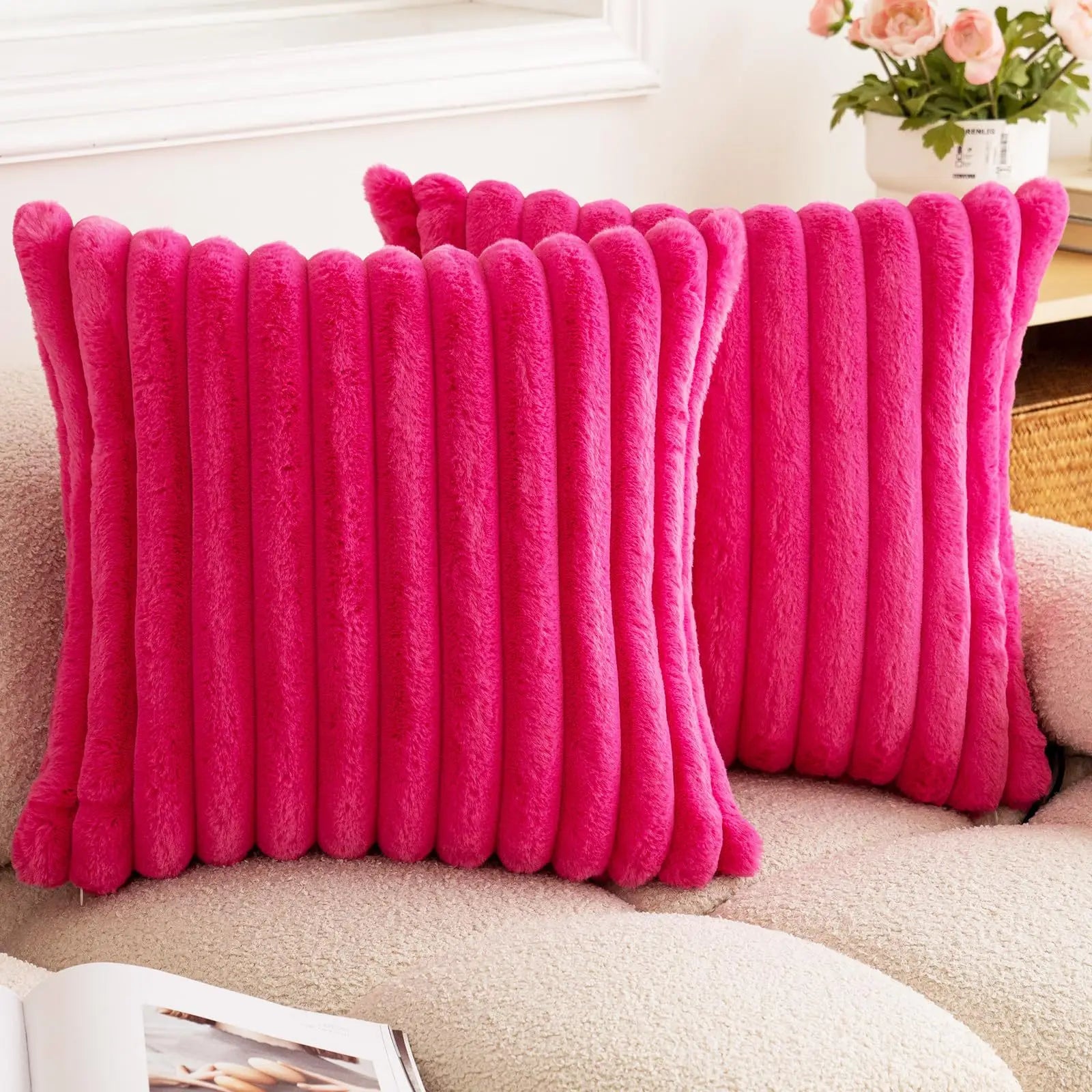 Nep konijnenbont vierkante kussenhoes grote dikke gestreepte superzachte effen kleur kussensloop 24×24 inch bank decor kussenhoezen