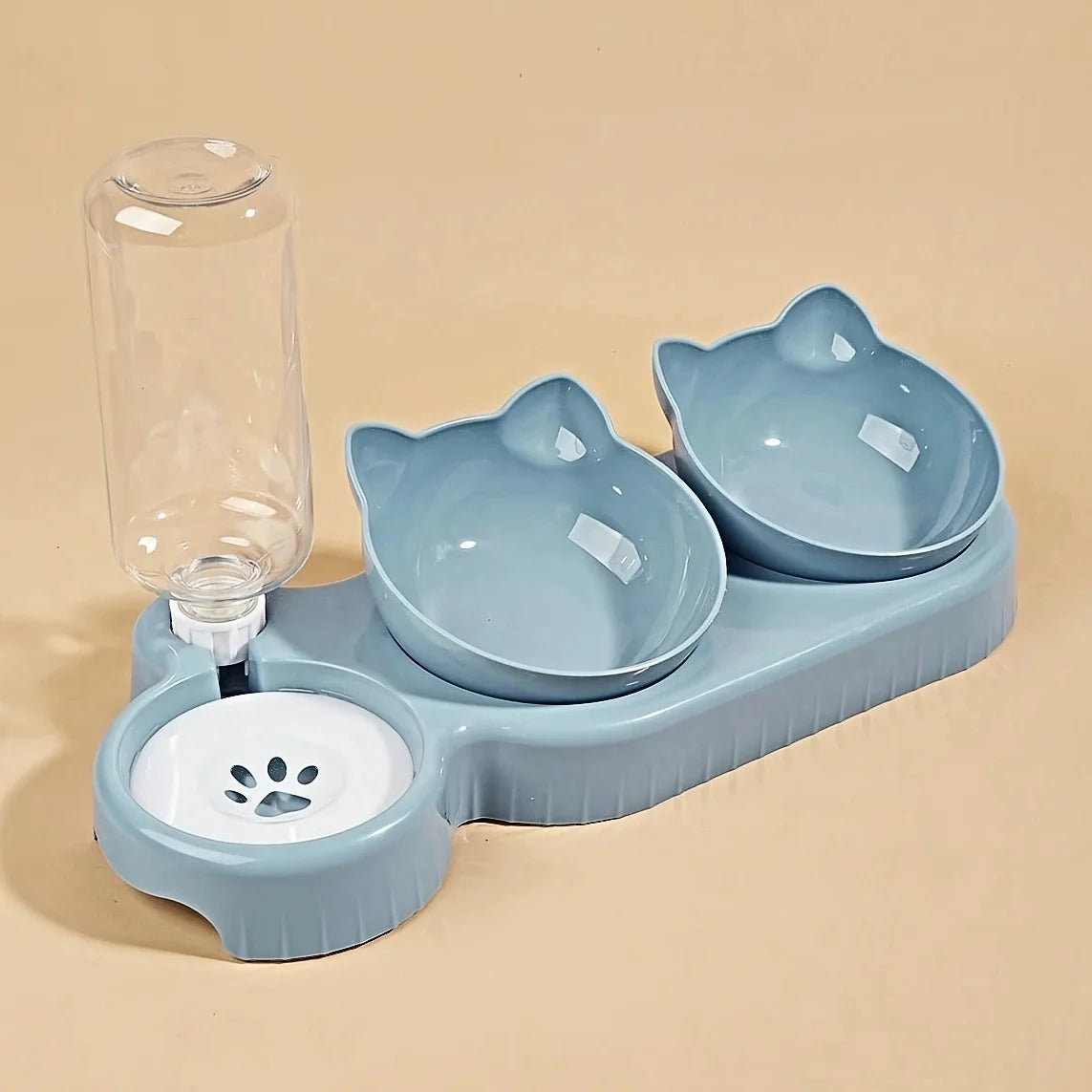 3-in-1 Tilted Pet Feeder & Gravity Water Dispenser – Food + Water Bowl Set with Neck Protection Design