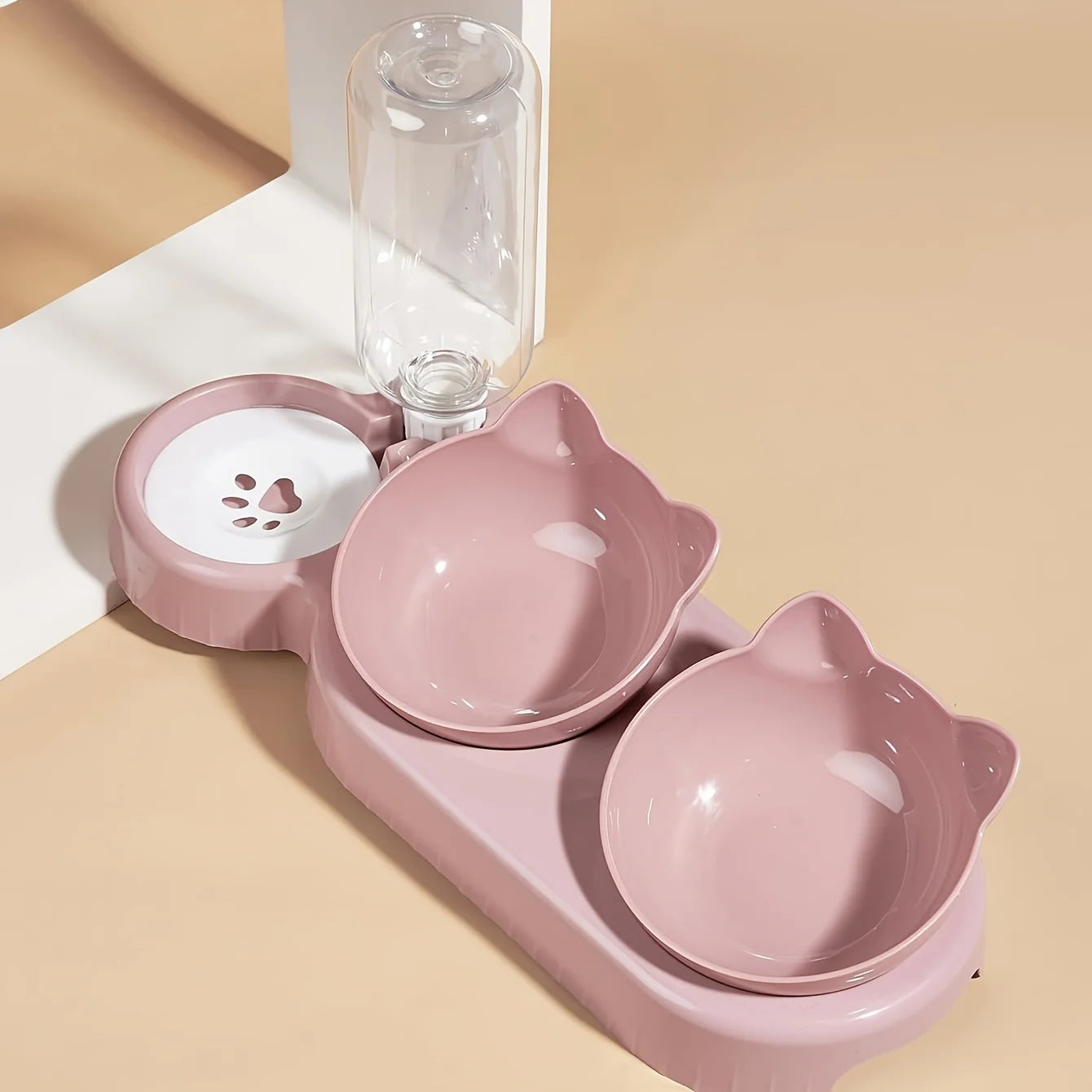 3-in-1 Tilted Pet Feeder & Gravity Water Dispenser – Food + Water Bowl Set with Neck Protection Design