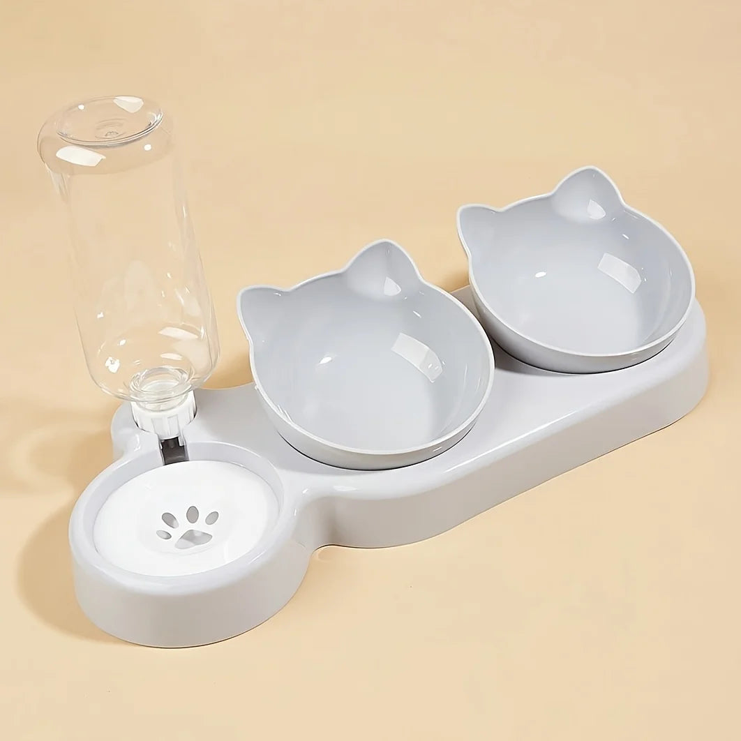 3-in-1 Tilted Pet Feeder & Gravity Water Dispenser – Food + Water Bowl Set with Neck Protection Design