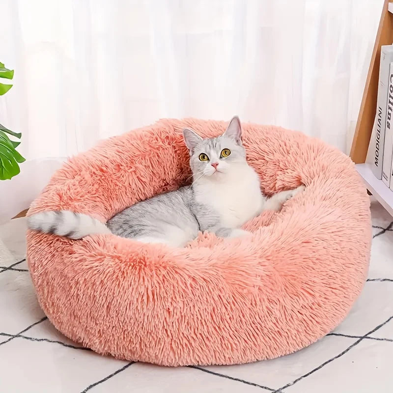 Super Soft Striped Plush Donut Pet Bed – Washable Comfort Nest for Cats & Dogs