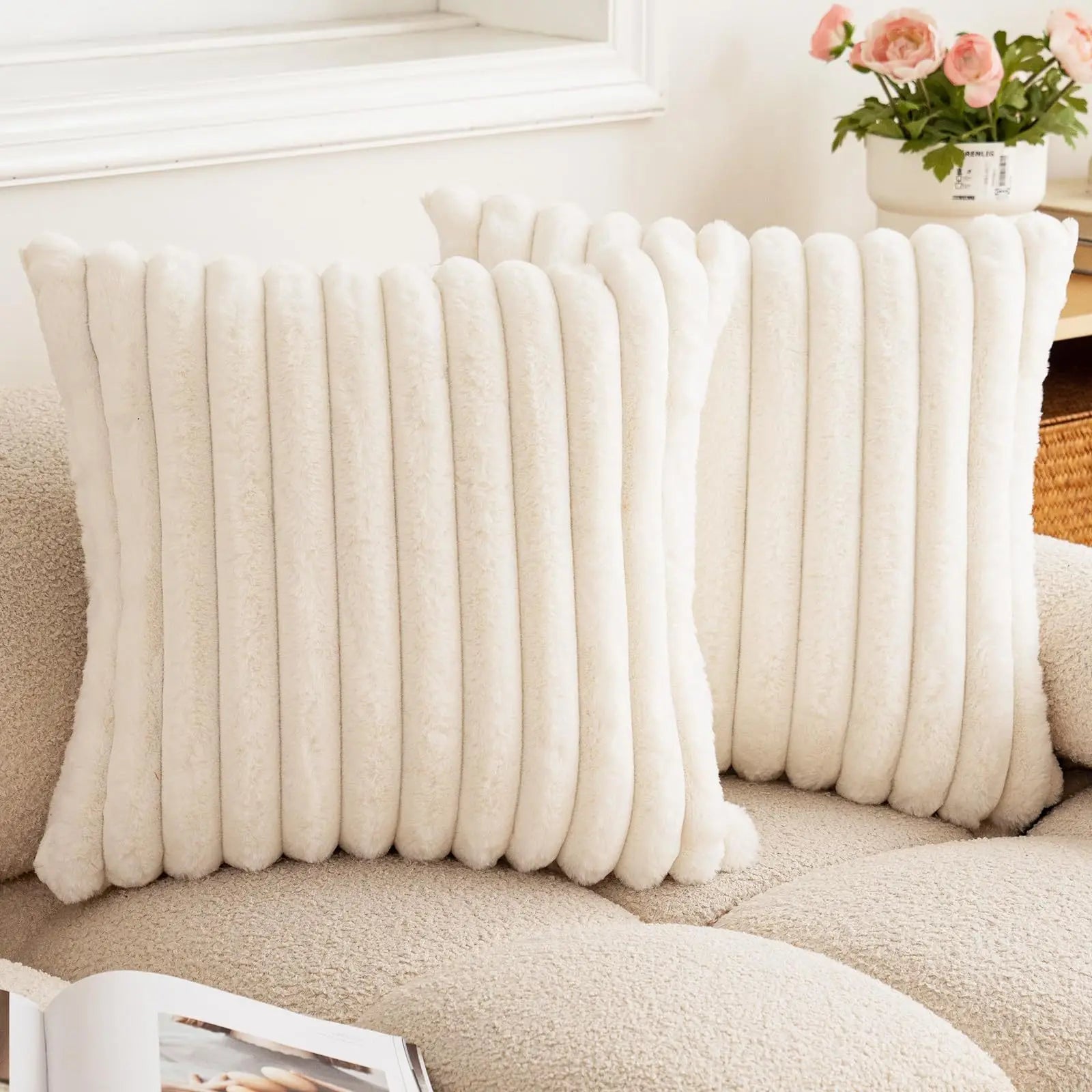 Nep konijnenbont vierkante kussenhoes grote dikke gestreepte superzachte effen kleur kussensloop 24×24 inch bank decor kussenhoezen