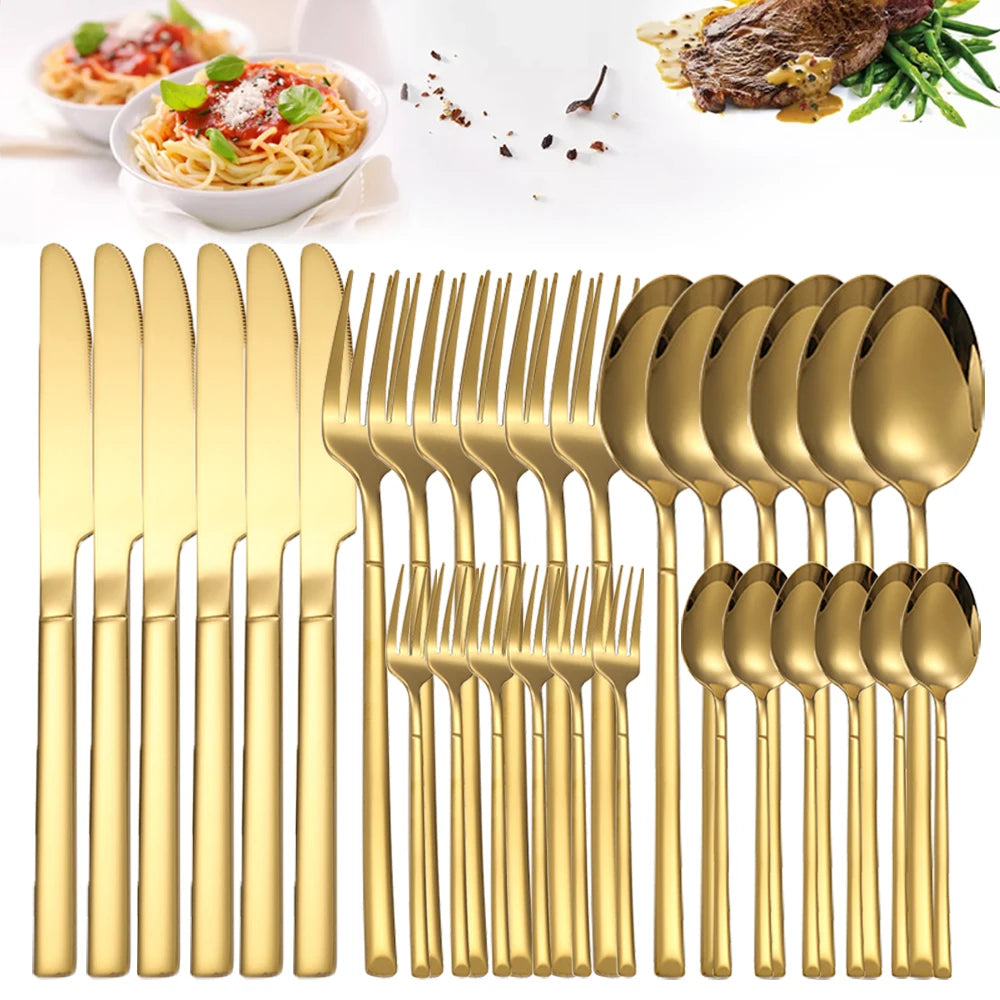 30-Piece Gold Stainless Steel Cutlery Set – Service for 6, Dishwasher Safe