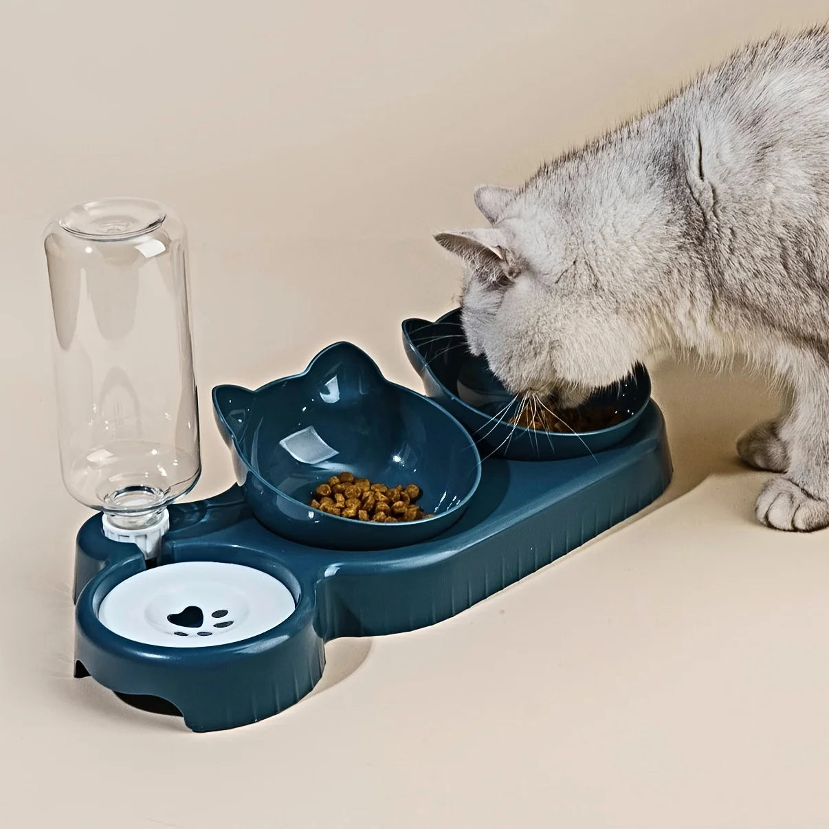3-in-1 Tilted Pet Feeder & Gravity Water Dispenser – Food + Water Bowl Set with Neck Protection Design