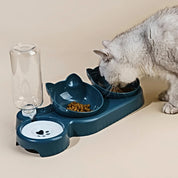 3-in-1 Tilted Pet Feeder & Gravity Water Dispenser – Food + Water Bowl Set with Neck Protection Design