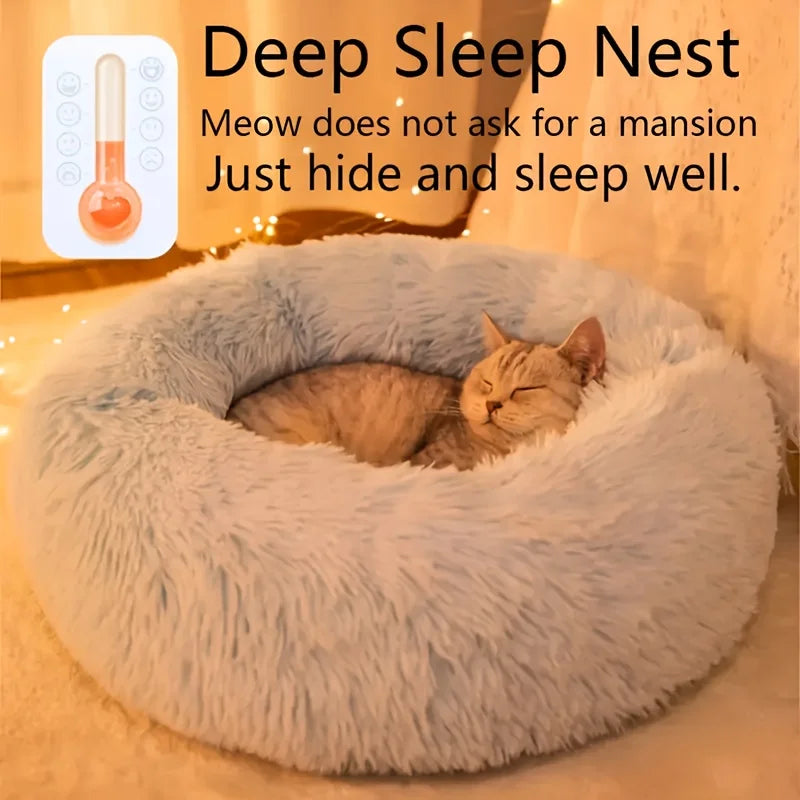 Super Soft Striped Plush Donut Pet Bed – Washable Comfort Nest for Cats & Dogs