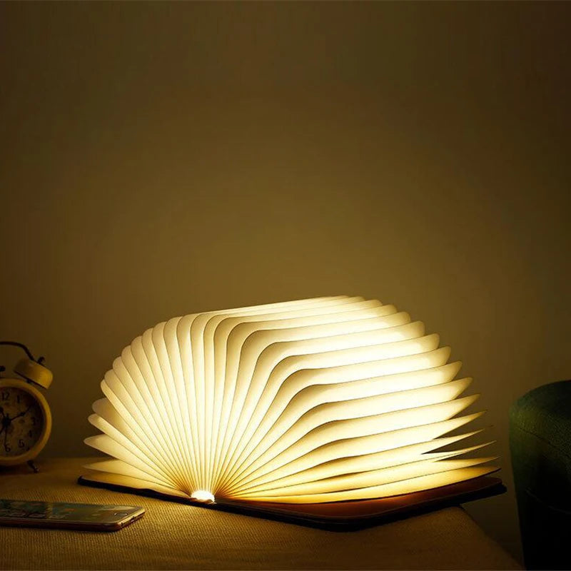 Foldable Wooden Book Lamp – USB Rechargeable LED Night Light with Warm Glow