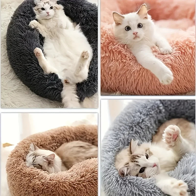 Super Soft Striped Plush Donut Pet Bed – Washable Comfort Nest for Cats & Dogs