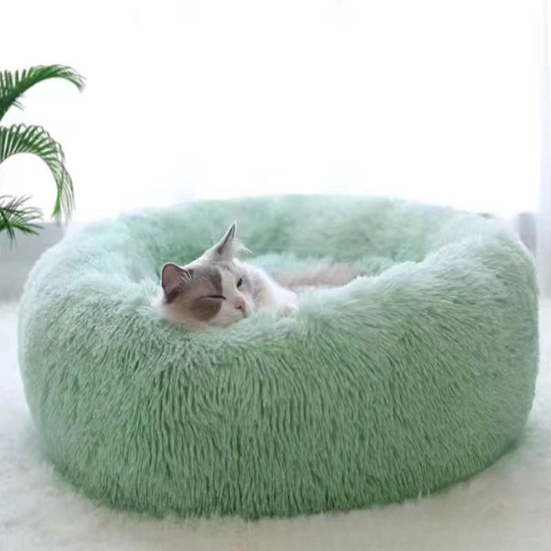 Super Soft Striped Plush Donut Pet Bed – Washable Comfort Nest for Cats & Dogs