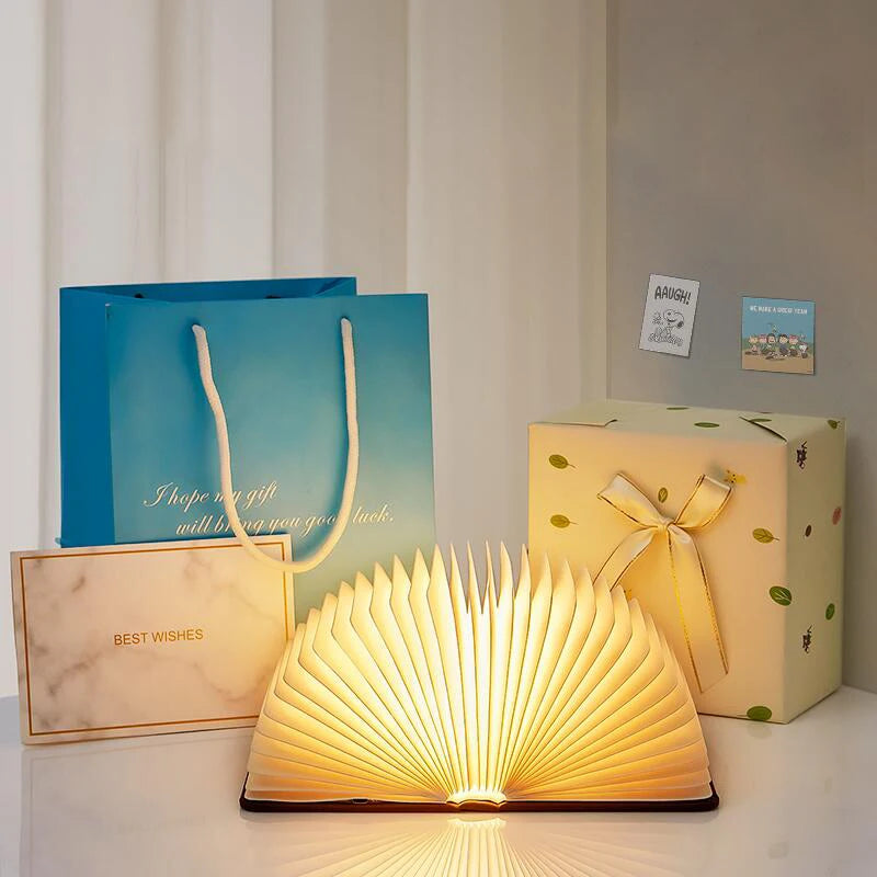 Foldable Wooden Book Lamp – USB Rechargeable LED Night Light with Warm Glow