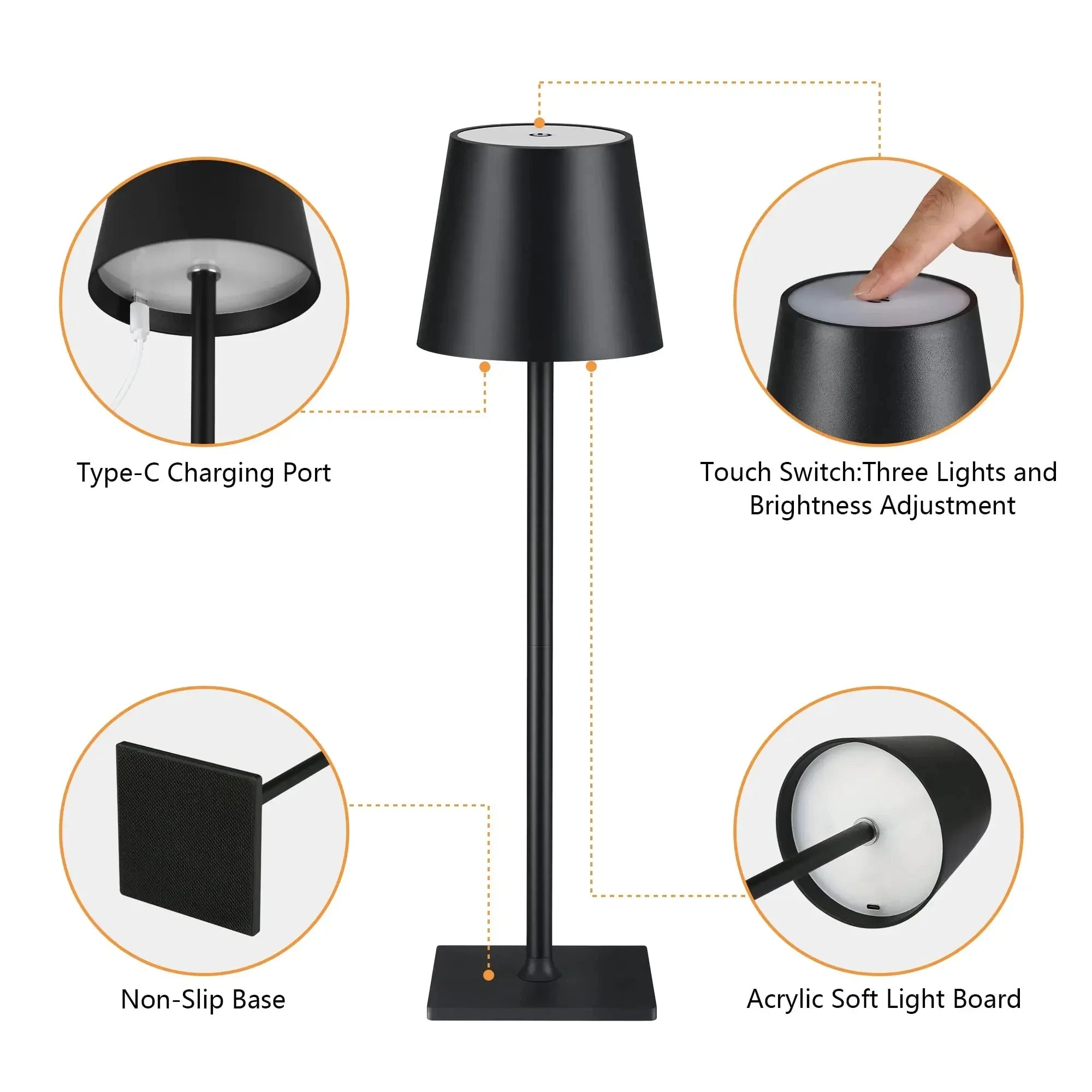 Draadloze touch LED-oplaadtafellamp met dimming op 3 niveaus, geschikt voor nachtkastje, eetkamer, bar en desktopdecoratie