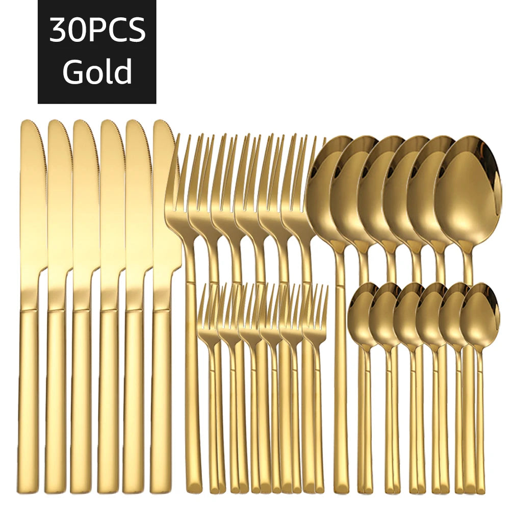 30-Piece Gold Stainless Steel Cutlery Set – Service for 6, Dishwasher Safe
