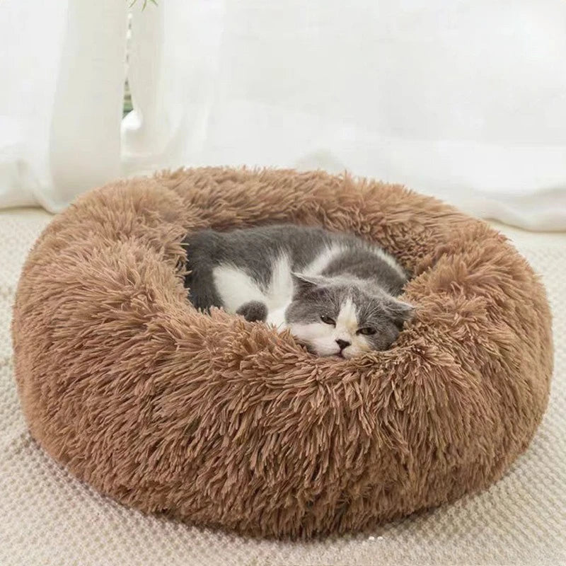 Super Soft Striped Plush Donut Pet Bed – Washable Comfort Nest for Cats & Dogs