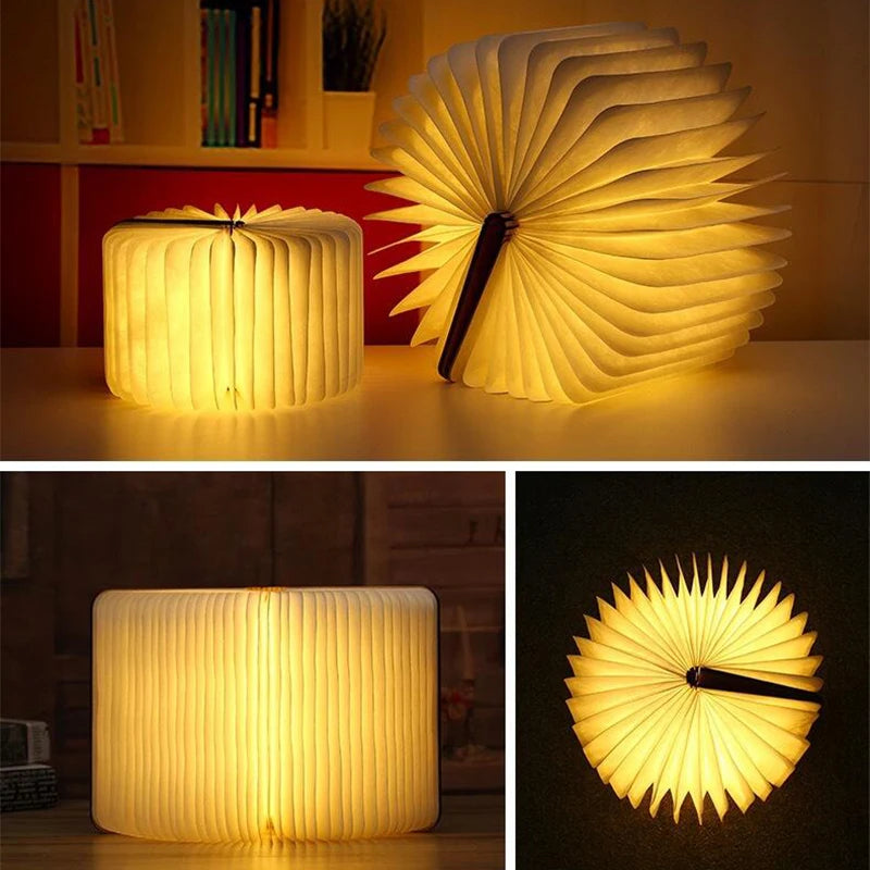 Foldable Wooden Book Lamp – USB Rechargeable LED Night Light with Warm Glow