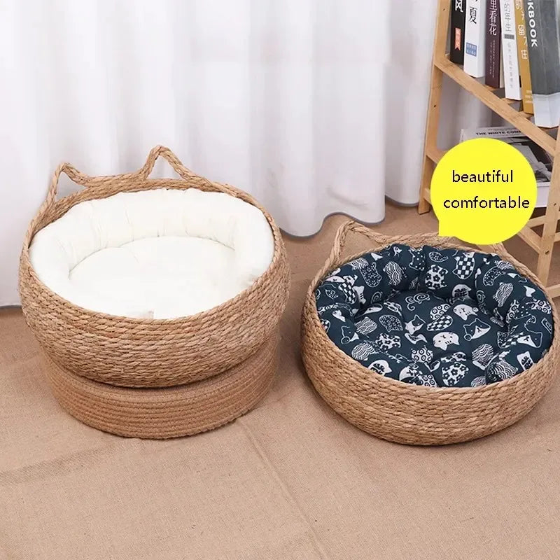Puur natuurlijk geweven kattenbed, seizoensverwarmingskussen, universeel wasbaar kussen, accessoire voor dierbenodigdheden, geschikt voor alle seizoenen.