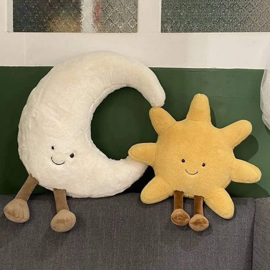 Schattig glimlach gezicht witte maan gele zon knuffel gevuld schattig cartoon weer knuffel voor kind slaapkamer decor bank sierkussen