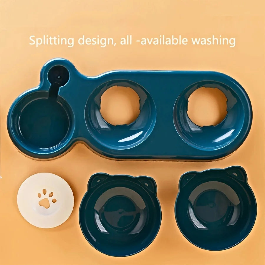 3-in-1 Tilted Pet Feeder & Gravity Water Dispenser – Food + Water Bowl Set with Neck Protection Design